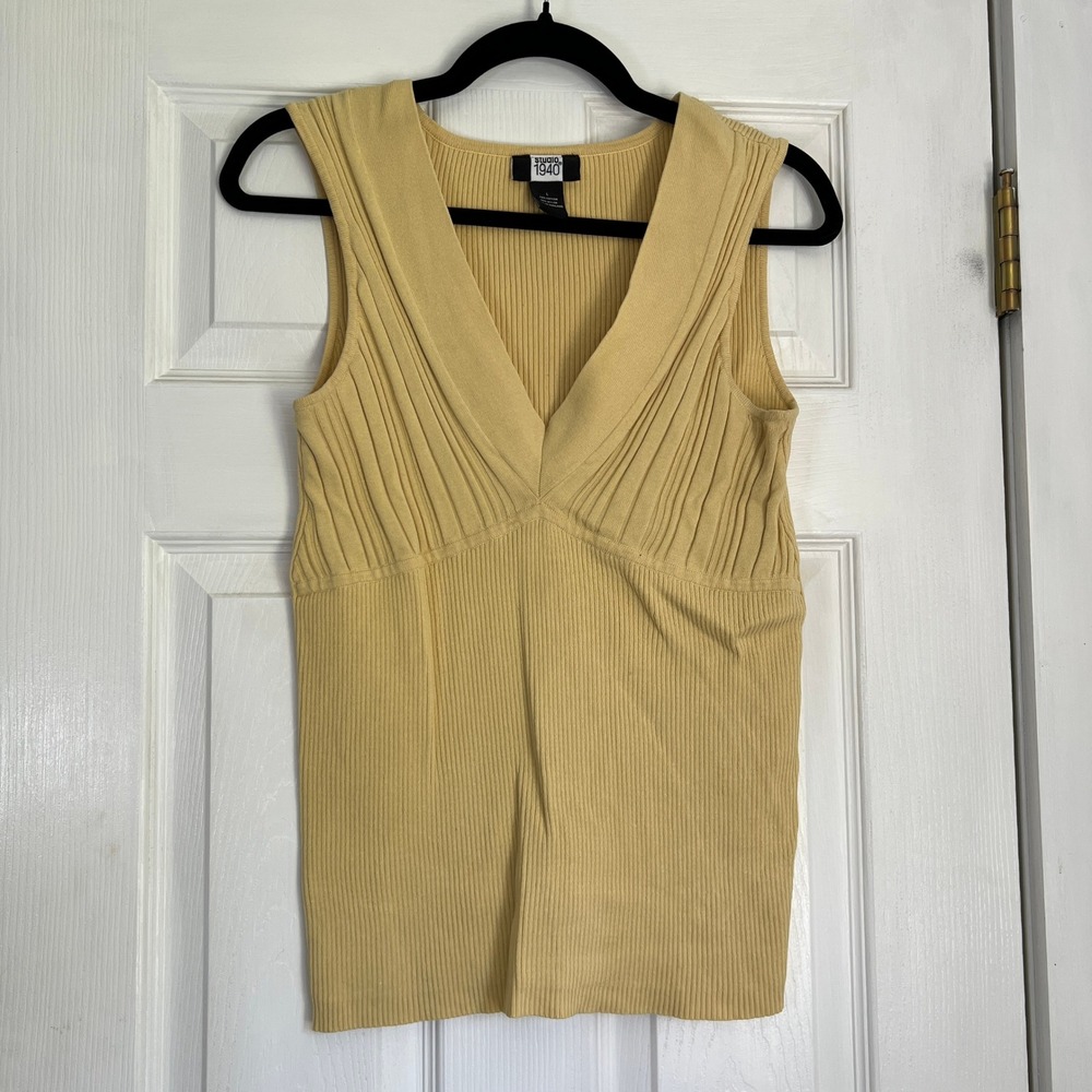 Studio 1940 Womens L Yellow Ribbed Knit V Neck Empire Waist Tank Top Y2K Cotton - Picture 6 of 7